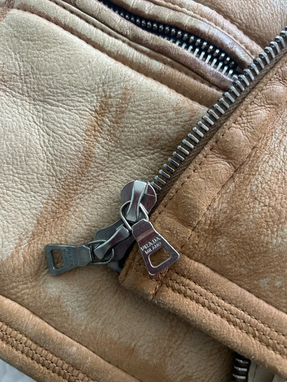 Authentic Prada Tan Shearling-Lined Jacket with Red Logo Tab - Picture 9 of 16